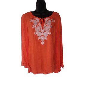 Melissa Page Womens M Embroidered Orange Boho Blouse Tie Neck & Long Sleeves New